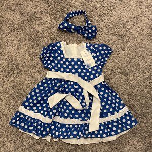 Ibtom Castle Child's Blue Polka Dot Dress w/Headband - 2-3 Yrs - NEW